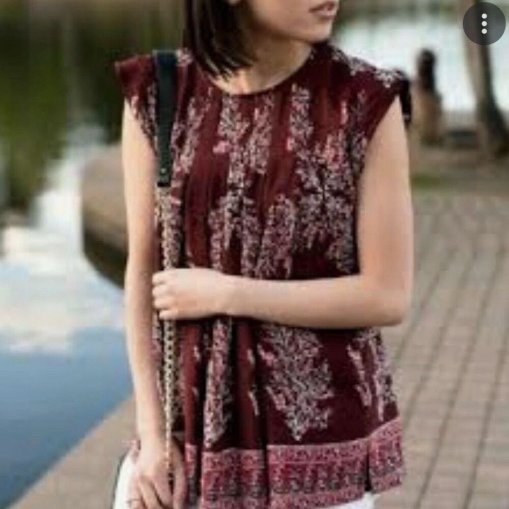 Madewell Silk Garden Top Size Large Maroon Lassi Flower Cap Sleeve Pleated - Picture 5 of 8